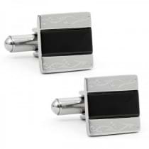 Classic Style Floral Etched Cufflinks Stainless Steel & Black Resin