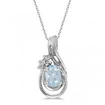Oval Aquamarine & Diamond Teardrop Pendant Necklace 14k White Gold