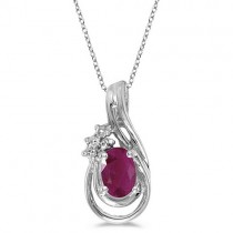 Oval Ruby & Diamond Teardrop Pendant Necklace 14k White Gold