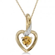 Round Citrine and Diamond Heart Pendant Necklace 14k Yellow Gold