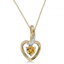 Round Citrine and Diamond Heart Pendant Necklace 14k Yellow Gold