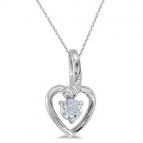 Aquamarine and Diamond Heart Pendant Necklace 14k White Gold