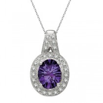 Oval Amethyst and Diamond Pendant Necklace 14k White Gold