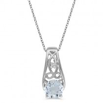 Antique Style Aquamarine and Diamond Pendant Necklace 14k White Gold