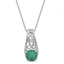 Antique Style Emerald and Diamond Pendant Necklace 14k White Gold