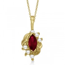 Marquise Ruby & Diamond Pendant Necklace in 14K Yellow Gold (0.34ct)