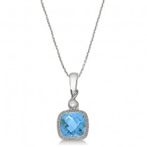 Blue Topaz & Diamond Vintage Pendant Necklace 14k White Gold (0.93ct)