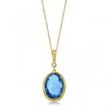 Antique Blue Topaz & Diamond Pendant Necklace 14k Yellow Gold (6.75ct)