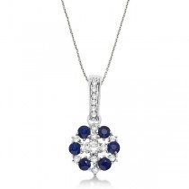 Blue Sapphire & Diamond Flower Cluster Pendant 14k White Gold (0.70ct)