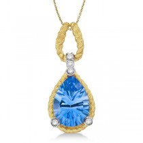 Blue Topaz & Diamond Rope Pendant Necklace 14k Yellow Gold (2.30ct)