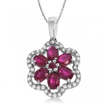 Diamond & Ruby Flower Shaped Pendant Necklace 14k White Gold (1.40ct)