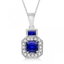 Princess Sapphire & Diamond Pendant Necklace 14k White Gold (0.65ctw)