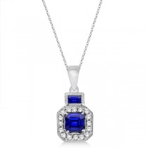 Princess Sapphire & Diamond Pendant Necklace 14k White Gold (0.65ctw)