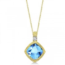 Antique Blue Topaz & Diamond Pendant Necklace 14k Yellow Gold (2.51ct)