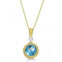 Antique Blue Topaz & Diamond Pendant Necklace 14k Yellow Gold (1.01ct)