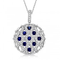 Sapphire & Diamond Circle Pendant Necklace 14k White Gold (1.55ctw)