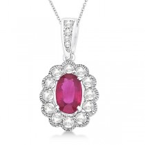 Oval Ruby & Diamond Accented Pendant Necklace 14K White Gold (0.85ct)