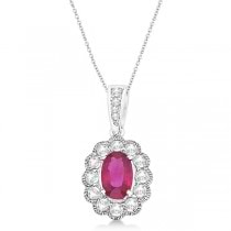 Oval Ruby & Diamond Accented Pendant Necklace 14K White Gold (0.85ct)