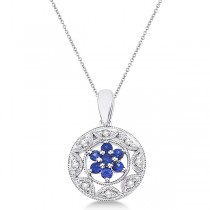 Antique Filigree Sapphire & Diamond Pendant in 14K White Gold (0.22ct)