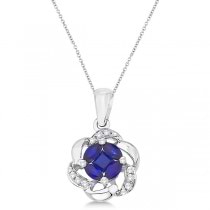 Blue Sapphire & Diamond Flower Pendant Necklace 14K White Gold (0.40ct)