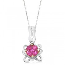 Ruby & Diamond Accented Flower Pendant Necklace 14k White Gold (0.36ct)