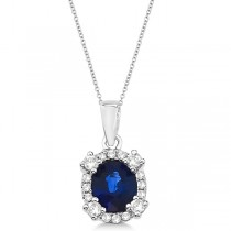 Oval Blue Sapphire & Diamond Pendant Necklace 14K White Gold (0.91ct)