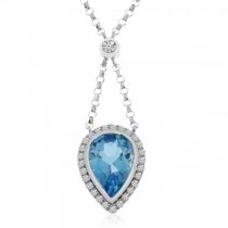 Pear Shaped Blue Topaz & Diamond Halo Necklace 14K White Gold 3.30ct