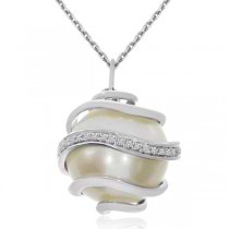 Diamond & Freshwater Pearl Pendant Swirl Necklace 14k Gold 11.5mm