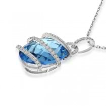 Diamond & Blue Topaz Swirl Pendant Necklace 14k White Gold (9.08ct)