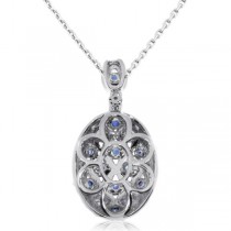 Diamond & Blue Sapphire Oval Pendant Necklace 14k White Gold (1.37ct)