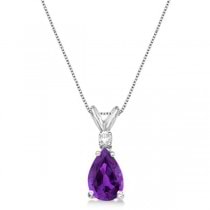 Pear Lab Amethyst & Diamond Solitaire Pendant Necklace 14k White Gold (0.75ct)