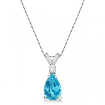 Pear Blue Topaz & Diamond Solitaire Pendant Necklace 14k White Gold (0.75ct)