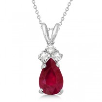 Pear Ruby & Diamond Solitaire Pendant Necklace 14k White Gold (0.75ct)