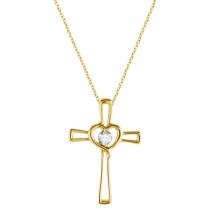 Diamond Heart on Cross Pendant Fancy Necklace in 14k Yellow Gold