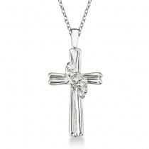 Grooved Fashion Diamond Cross Pendant Necklace 14k White Gold (0.03ct)