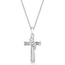 Grooved Fashion Diamond Cross Pendant Necklace 14k White Gold (0.03ct)