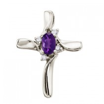 Amethyst and Diamond Cross Necklace Pendant 14k White Gold (0.50ct)