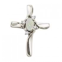 Opal and Diamond Cross Necklace Pendant 14k White Gold (0.50ct)