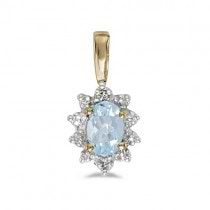 Aquamarine & Diamond Flower Shaped Pendant Necklace 14k Yellow Gold