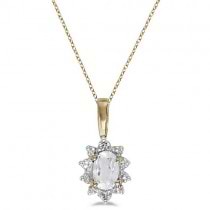 Oval White Topaz & Diamond Flower Pendant Necklace 14k Yellow Gold