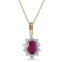 Oval Ruby & Diamond Flower Shaped Pendant Necklace 14k Yellow Gold