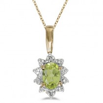 Oval Peridot & Diamond Flower Shaped Pendant Necklace 14k Yellow Gold