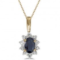 Blue Sapphire & Diamond Flower Shaped Pendant Necklace 14k Yellow Gold