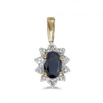 Blue Sapphire & Diamond Flower Shaped Pendant Necklace 14k Yellow Gold