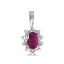 Oval Ruby & Diamond Flower Shaped Pendant Necklace 14k White Gold