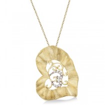 Diamond Accent Leaf Pendant Necklace Brushed 14k Yellow Gold (0.05ct)