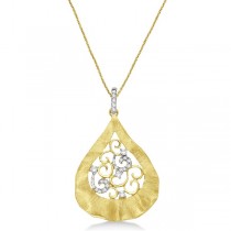 Diamond Pear Shaped Leaf Pendant Brushed 14k Yellow Gold (0.20ct)