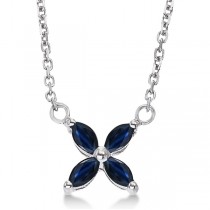 Marquise Blue Sapphire Flower Pendant Necklace 14k White Gold (0.20ct)