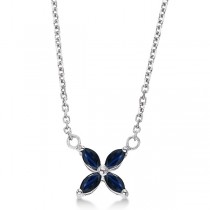 Marquise Blue Sapphire Flower Pendant Necklace 14k White Gold (0.20ct)