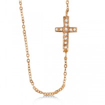 Diamond Sideways Cross Necklace 16" Rope Chain 14K Rose Gold (0.06ct)